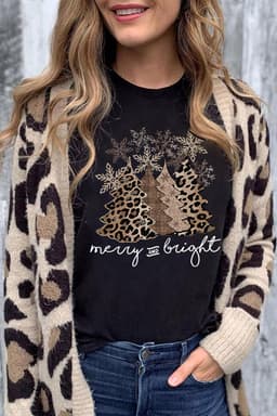 image-Black Leopard Christmas Tree Graphic Crew Neck T-Shirt