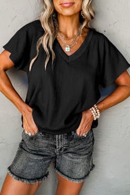 image-Blue Sapphire Crinkled V Neck T-shirt - Women's Fashion
