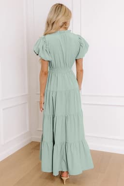 image-Bright Green V Neck Puff Sleeve High Waist Tiered Maxi