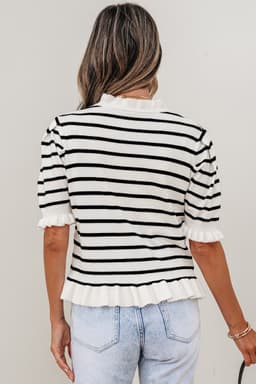 image-Stripped Beige Stripe Knit Short Sleeve Sweater Cardigan