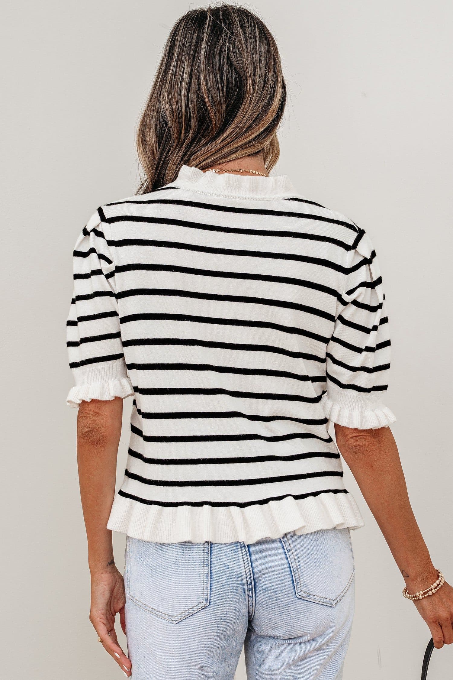 image-Stripped Beige Stripe Knit Short Sleeve Sweater Cardigan