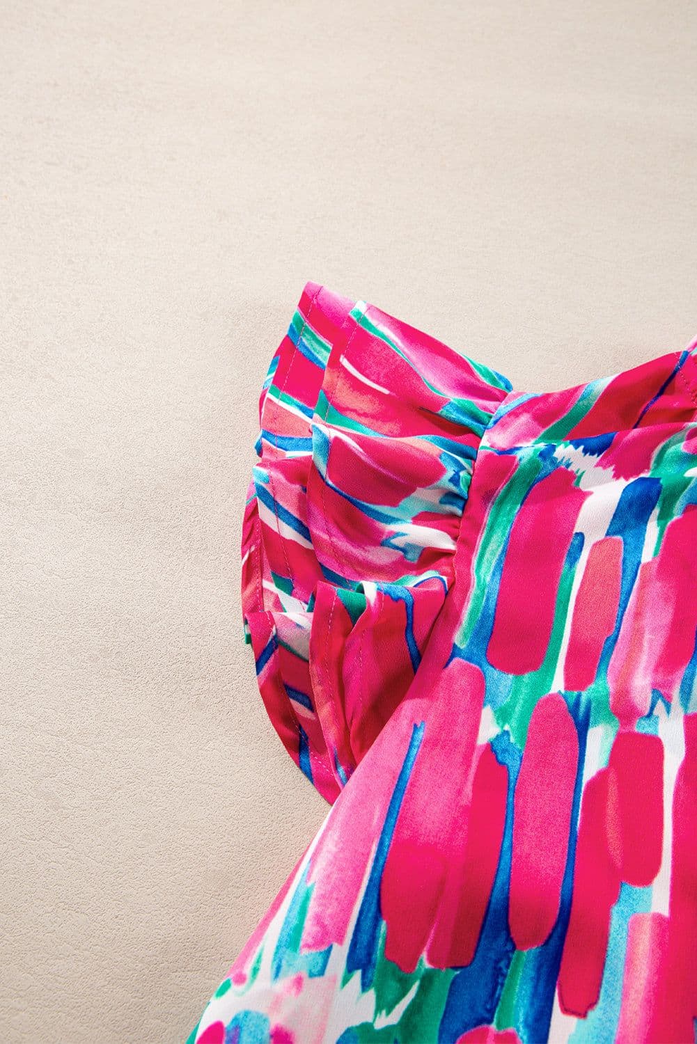 image-Rose Abstract Brush Print Ruffled Sleeve V Neck Blouse