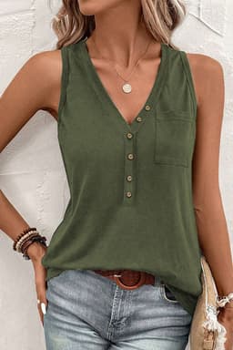 image-Jungle Green V Neck Tank Top - Half Button