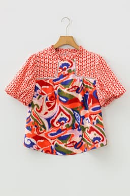 image-Red Paisley Geometric Patchwork Puff Sleeve Blouse