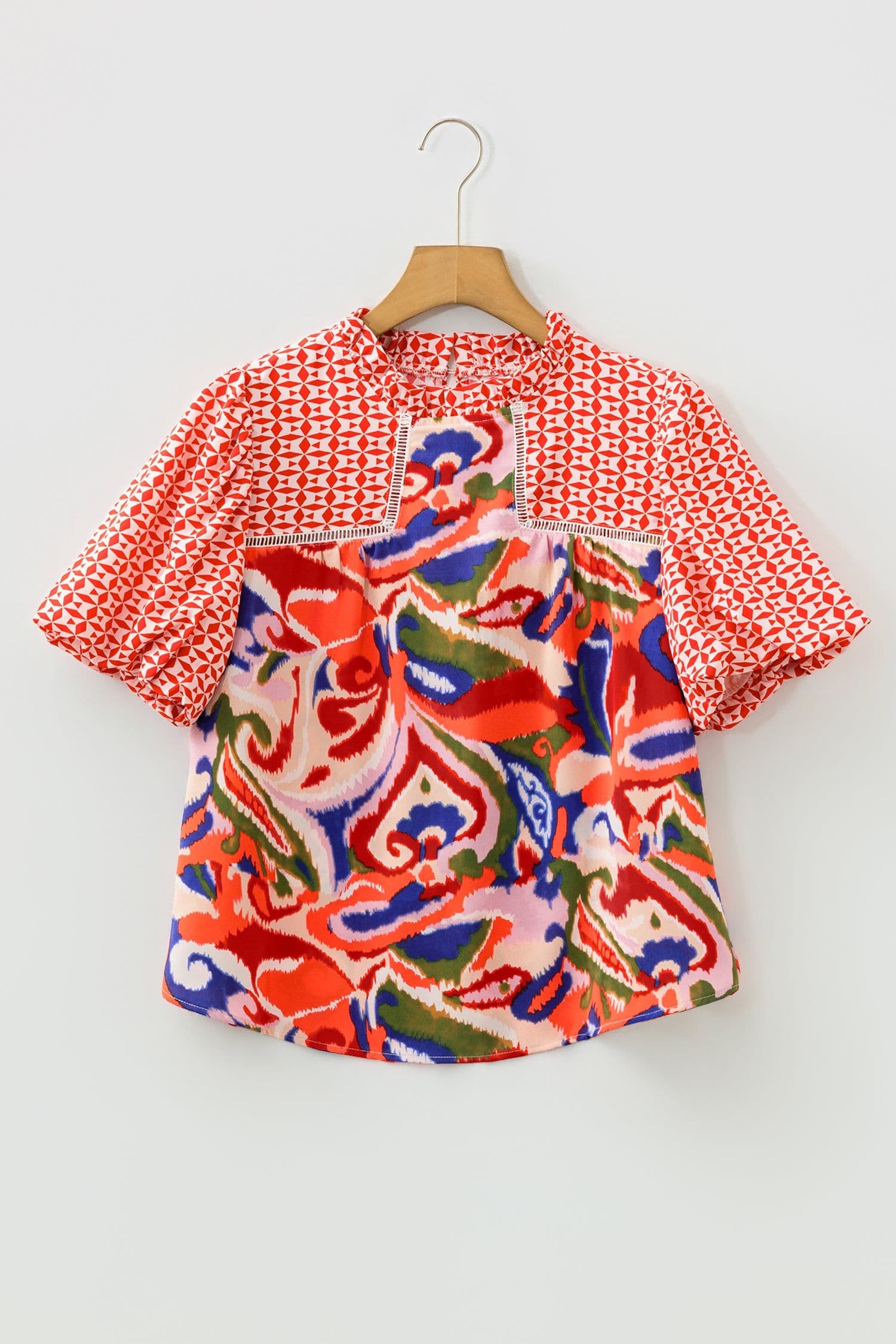 image-Red Paisley Geometric Patchwork Puff Sleeve Blouse