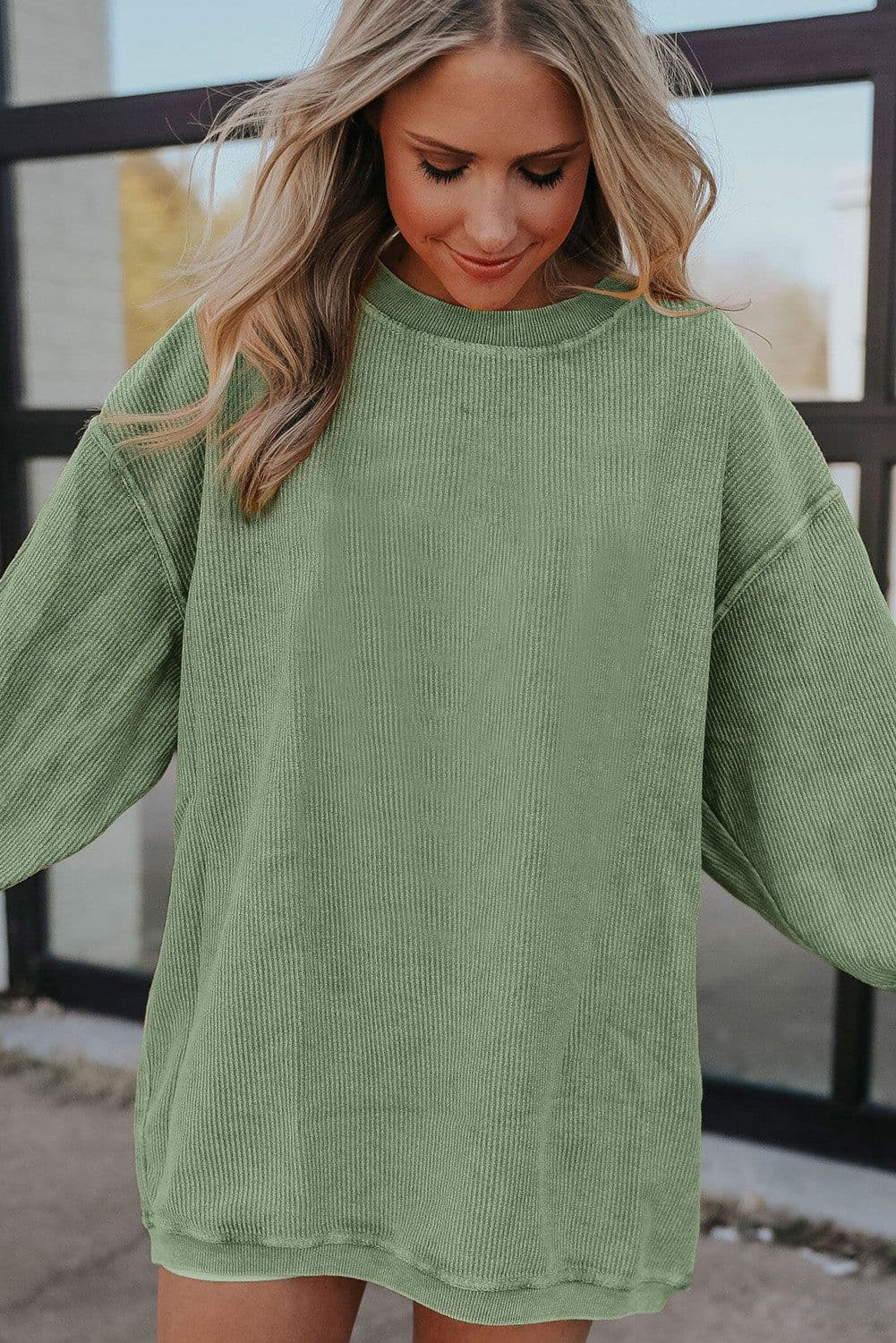image-Strawberry Pink Ribbed Corded Oversized Sweatshirt
