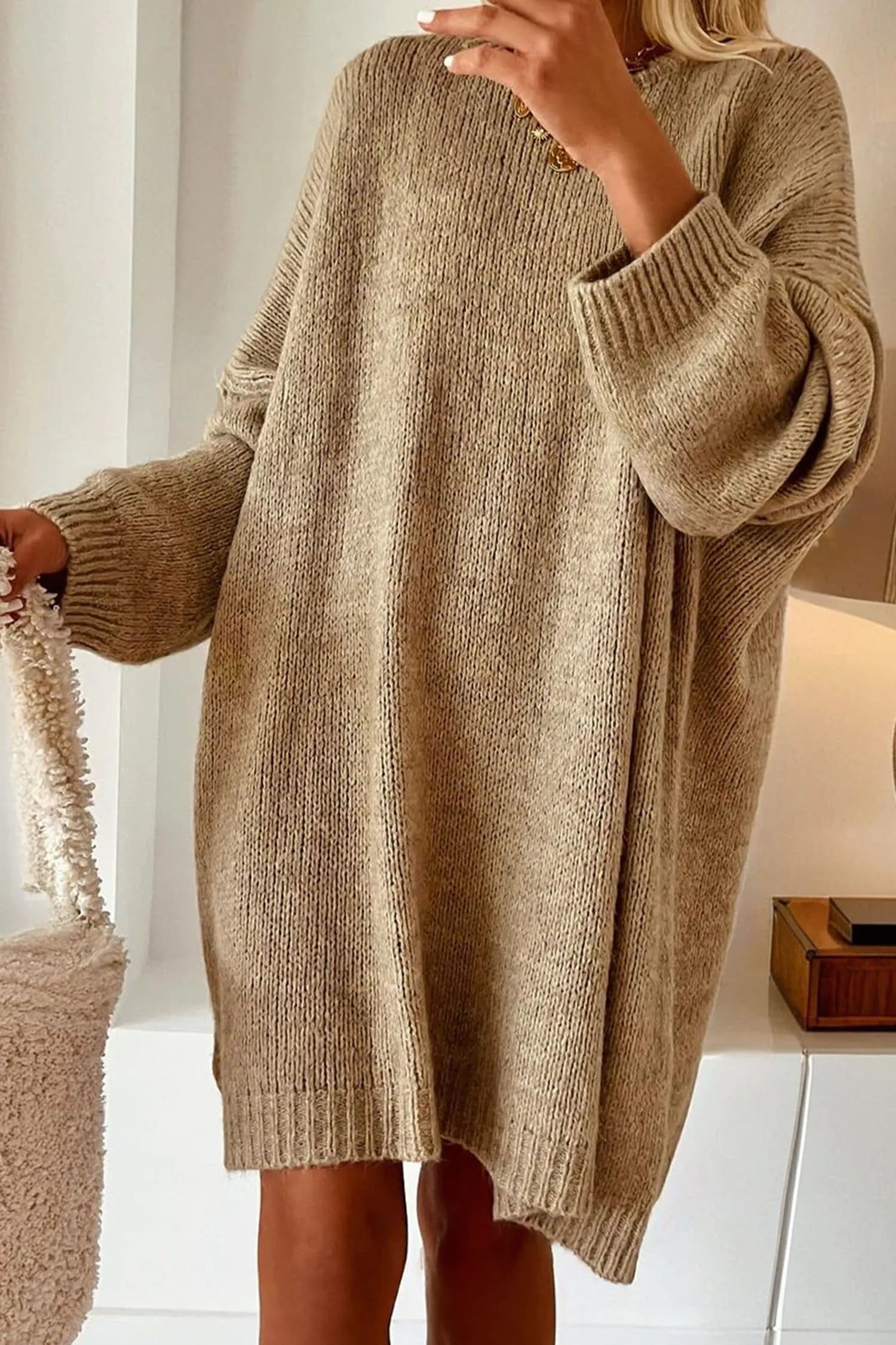 image-Pale Khaki Exposed Seam Drop Shoulder Oversize Sweater Mini Dress