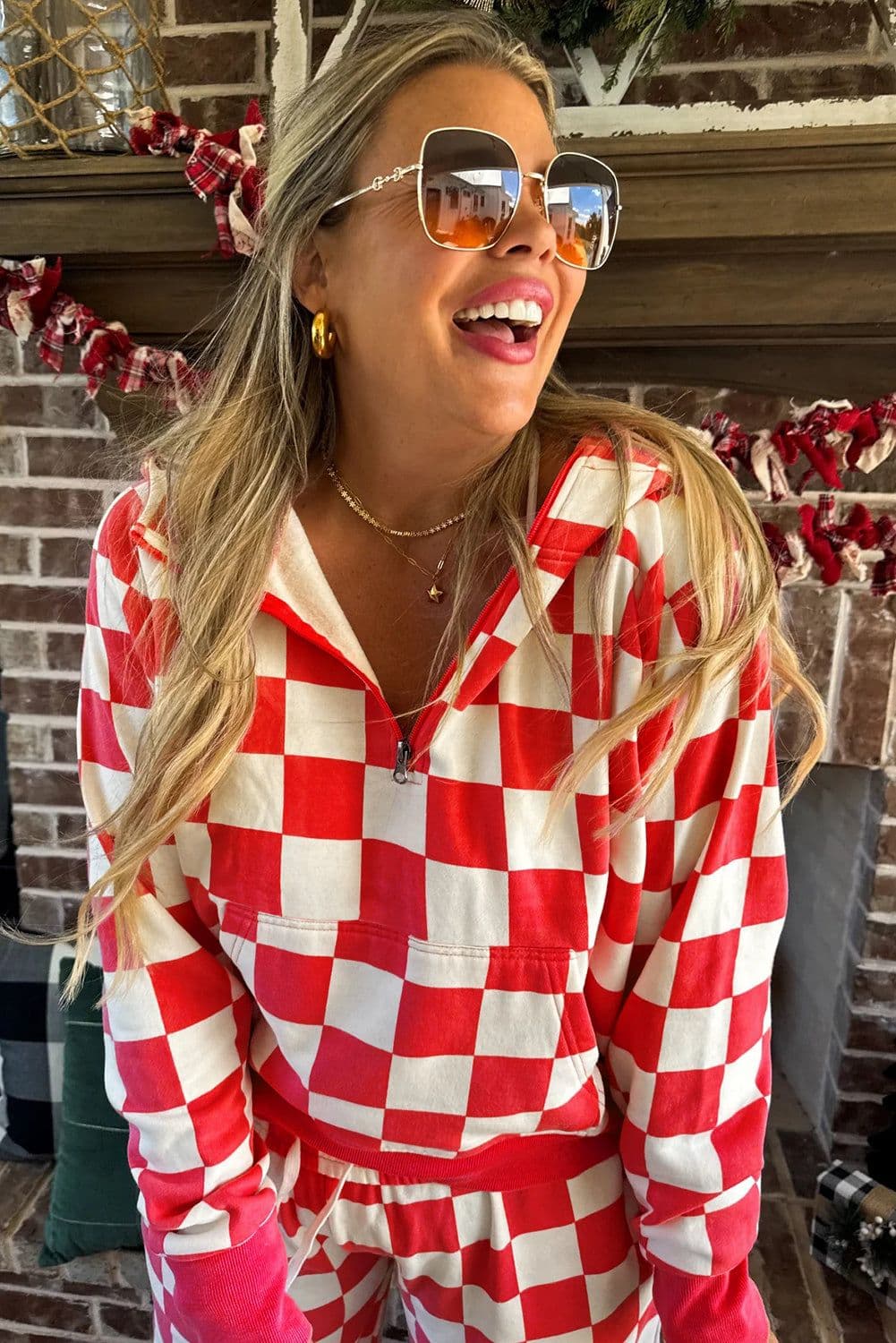image-Red Checkered Print Half Zip Hoodie Loose Pant Set