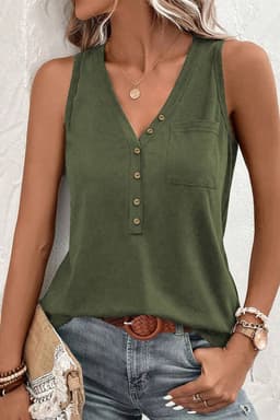 image-Jungle Green V Neck Tank Top - Half Button