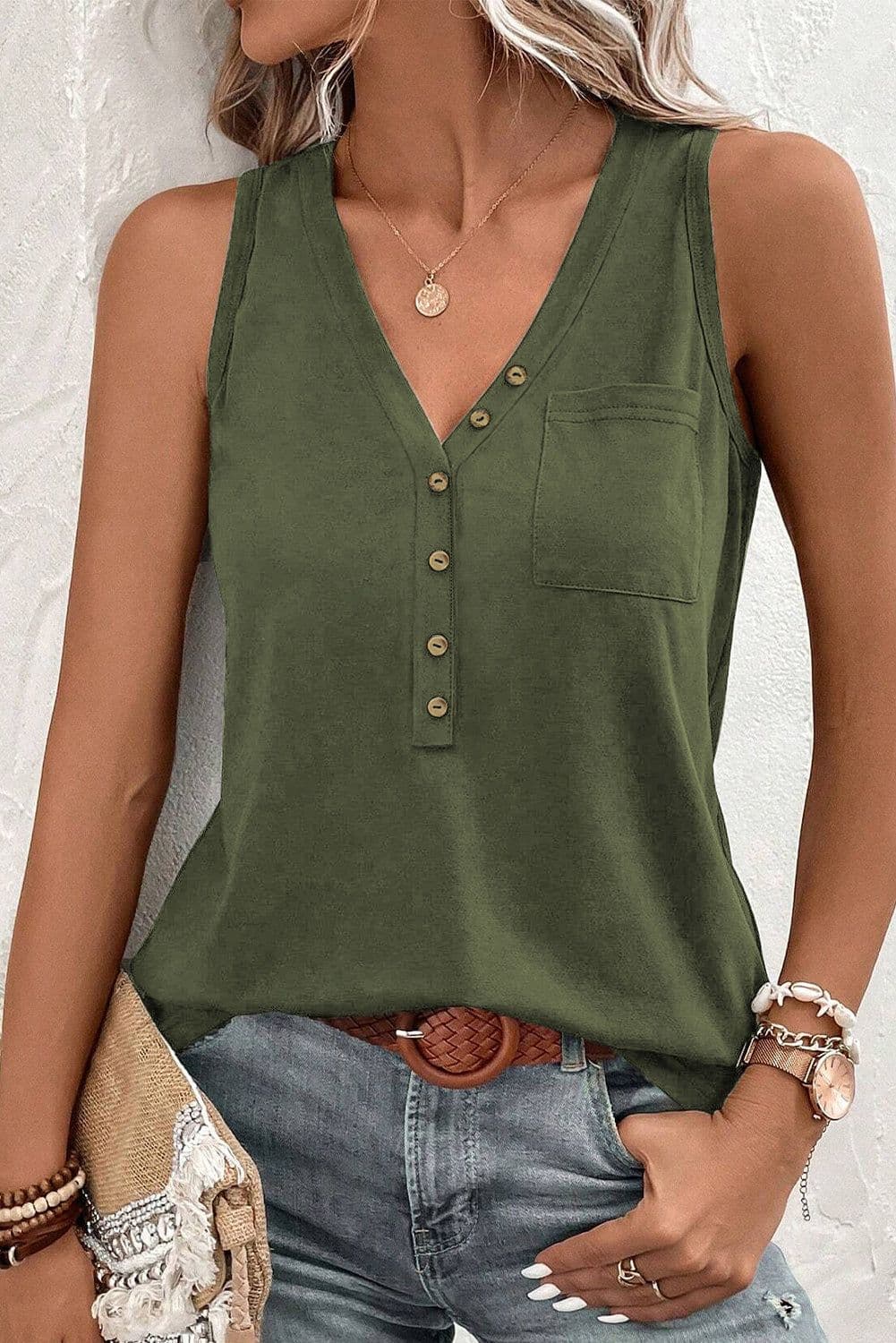 image-Jungle Green V Neck Tank Top - Half Button