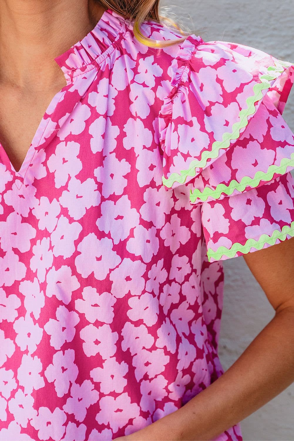 image-Pink Floral Ruffle Sleeve Blouse - Layered Contrast Ric Rac