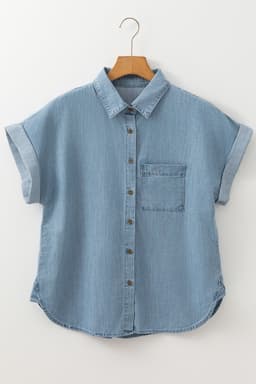 image-Dusk Blue Denim Shirt Short Sleeve Patched Pocket