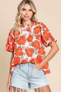 image-Orange Floral Bubble Sleeve Frill Neck Loose Blouse