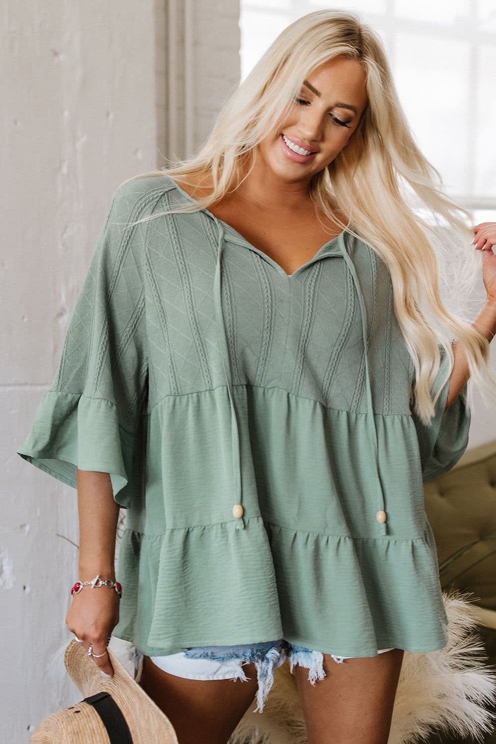 image-Laurel Green Tie Split Neck Textured Ruffle Patchwork Blouse
