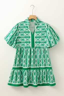 image-Bright Green Abstract Patterned V Neck Puff Short Sleeve Mini Dress