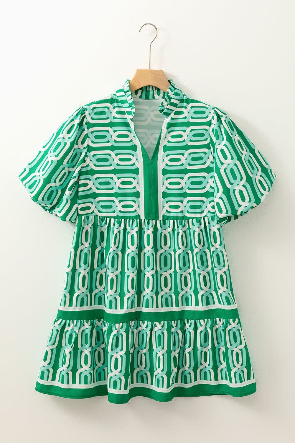 image-Bright Green Abstract Patterned V Neck Puff Short Sleeve Mini Dress
