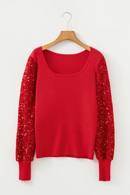 image-Fiery Red Sequin Sleeve Holiday Sweater - Square Neck