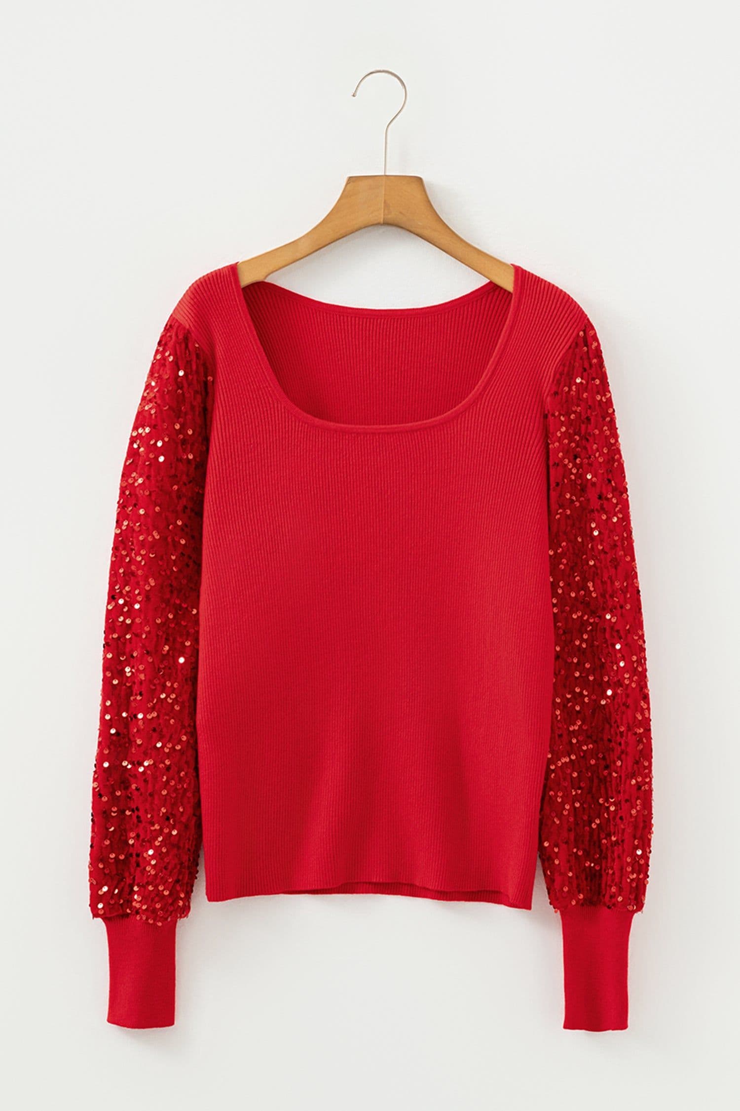 image-Fiery Red Sequin Sleeve Holiday Sweater - Square Neck