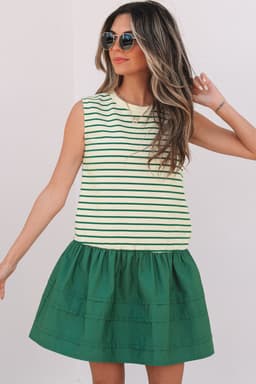 image-Green Stripe Woven Ruffled Sleeveless Mini Dress - Summer Casual Wear