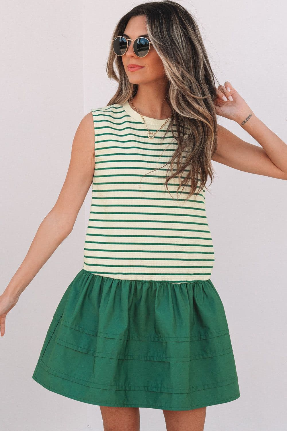 image-Green Stripe Woven Ruffled Sleeveless Mini Dress - Summer Casual Wear