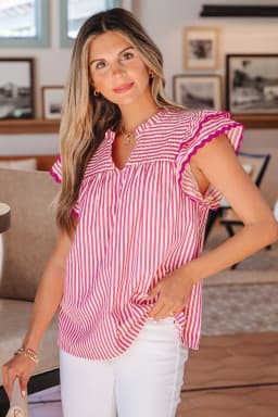 image-Rose Stripe Shirred Yoke Ruffled Blouse