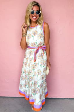 image-White Floral Print Color Block Maxi Dress Belted