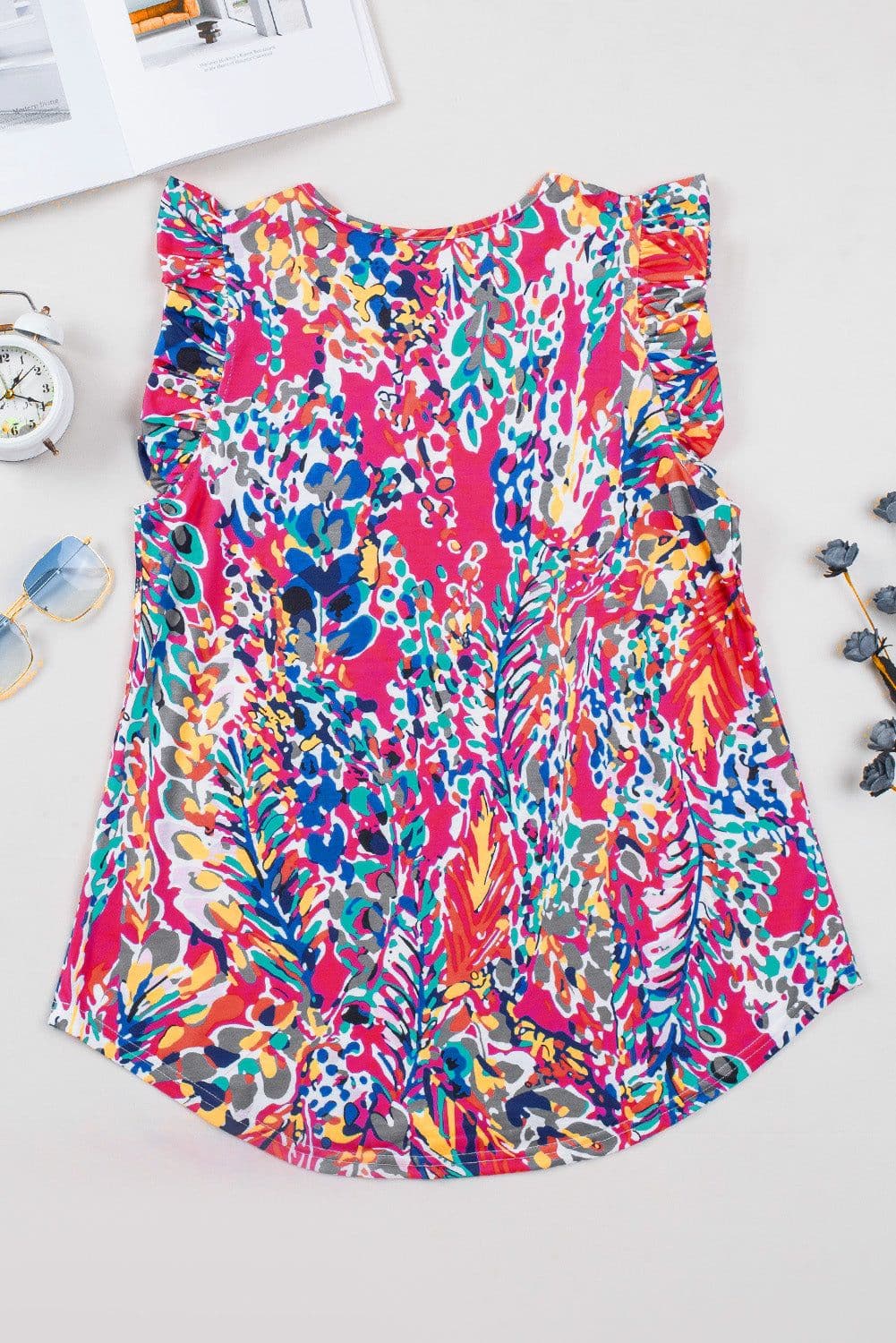 image-Rose Floral Print Tank Top with Ruffles