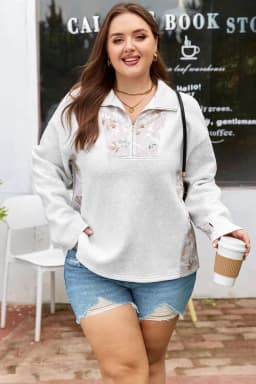 image-Gray Camo Leaves Patchwork Quarter-Zip Sweatshirt Plus