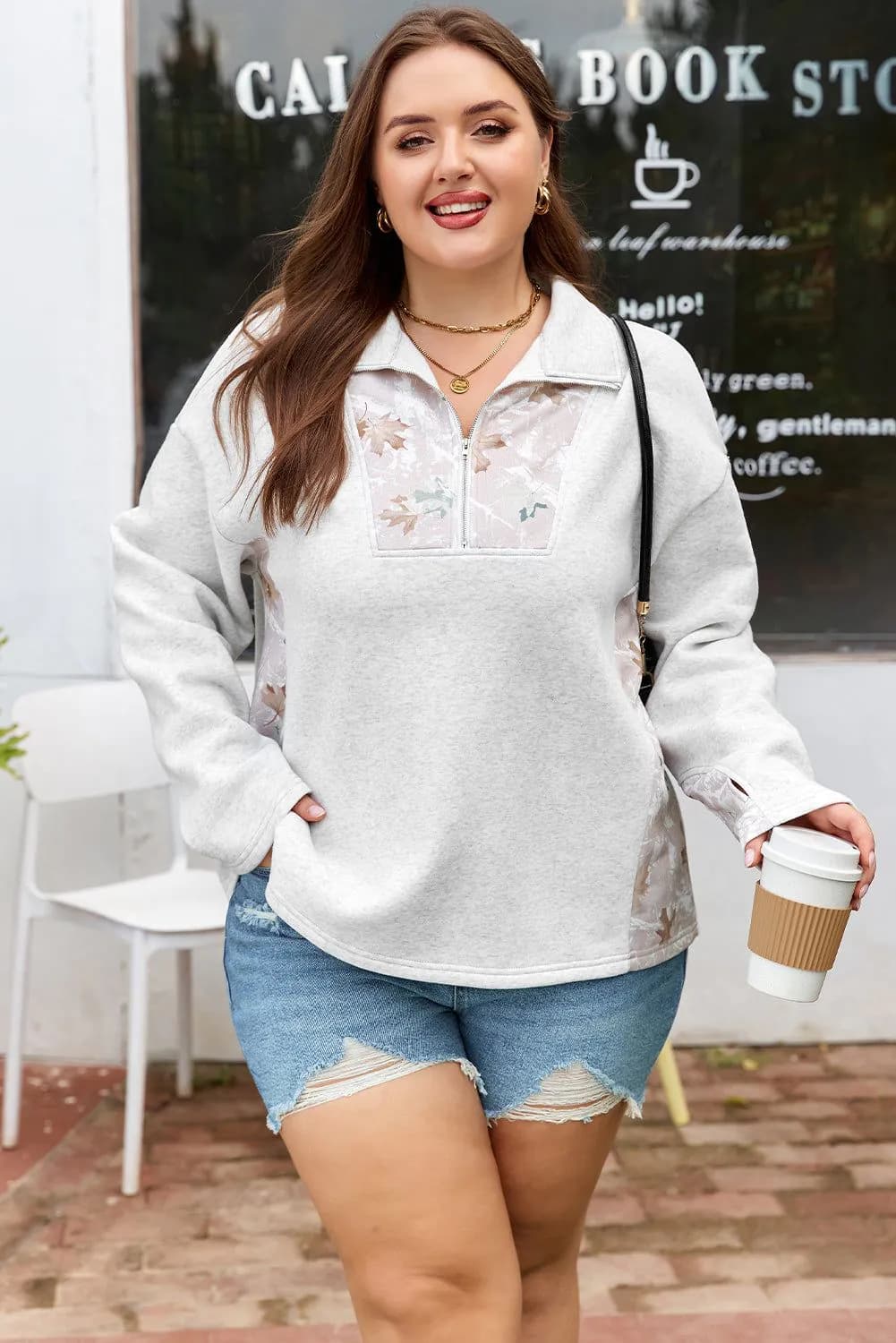 image-Gray Camo Leaves Patchwork Quarter-Zip Sweatshirt Plus