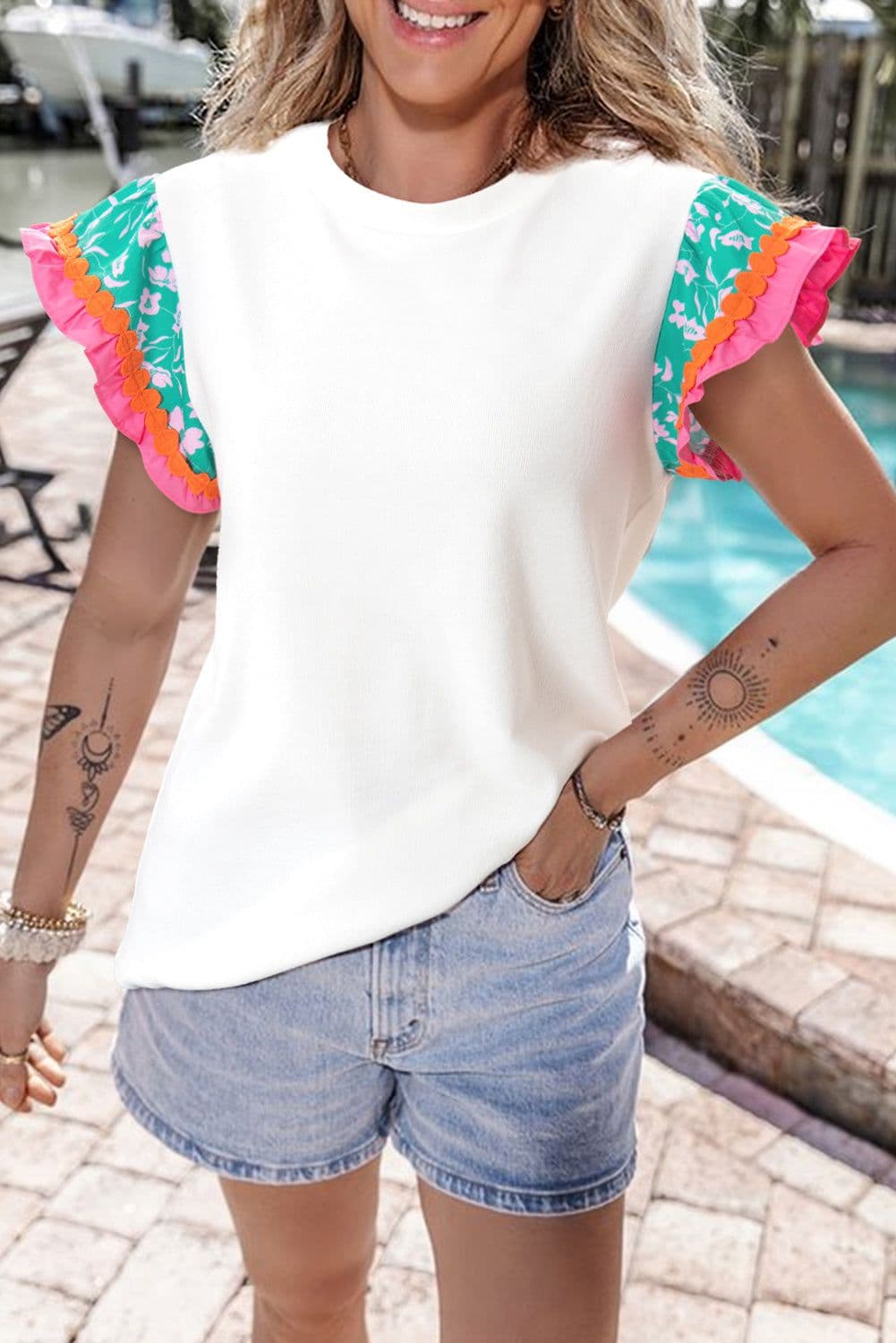 image-Contrast Ricrac Floral Sleeve Top - White (57 characters)