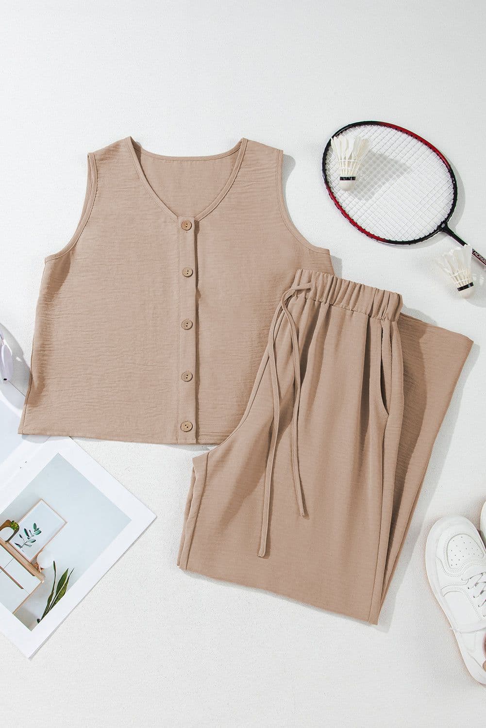 image-Goat Buttoned Vest Drawstring Wide Leg Pants 2pcs Set