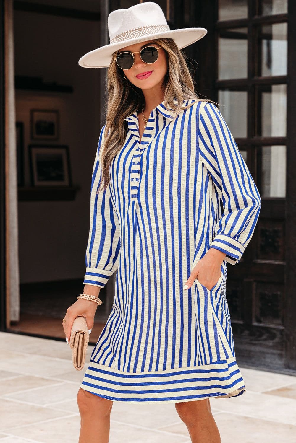 image-Blue Stripe Collared Mini Dress - Half Button Loose Fit