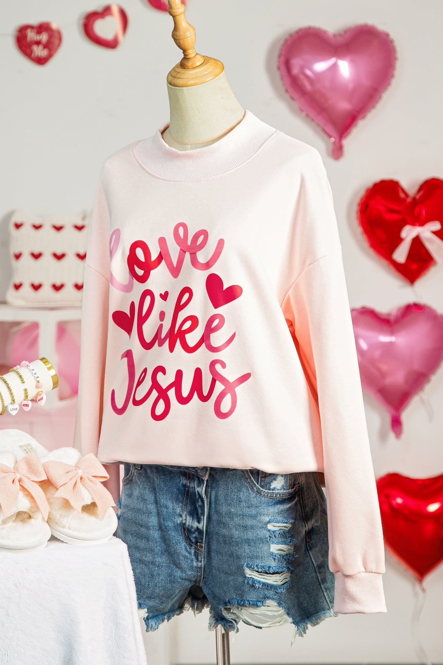 image-Light Pink Love Like Jesus Mock Neck Sweatshirt