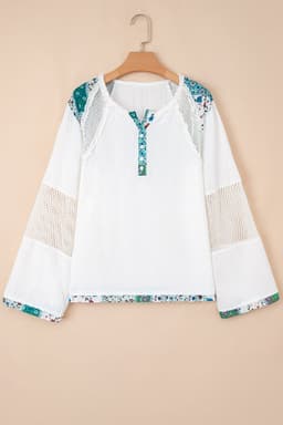 image-White Mesh Patched Color Block Half Button Blouse