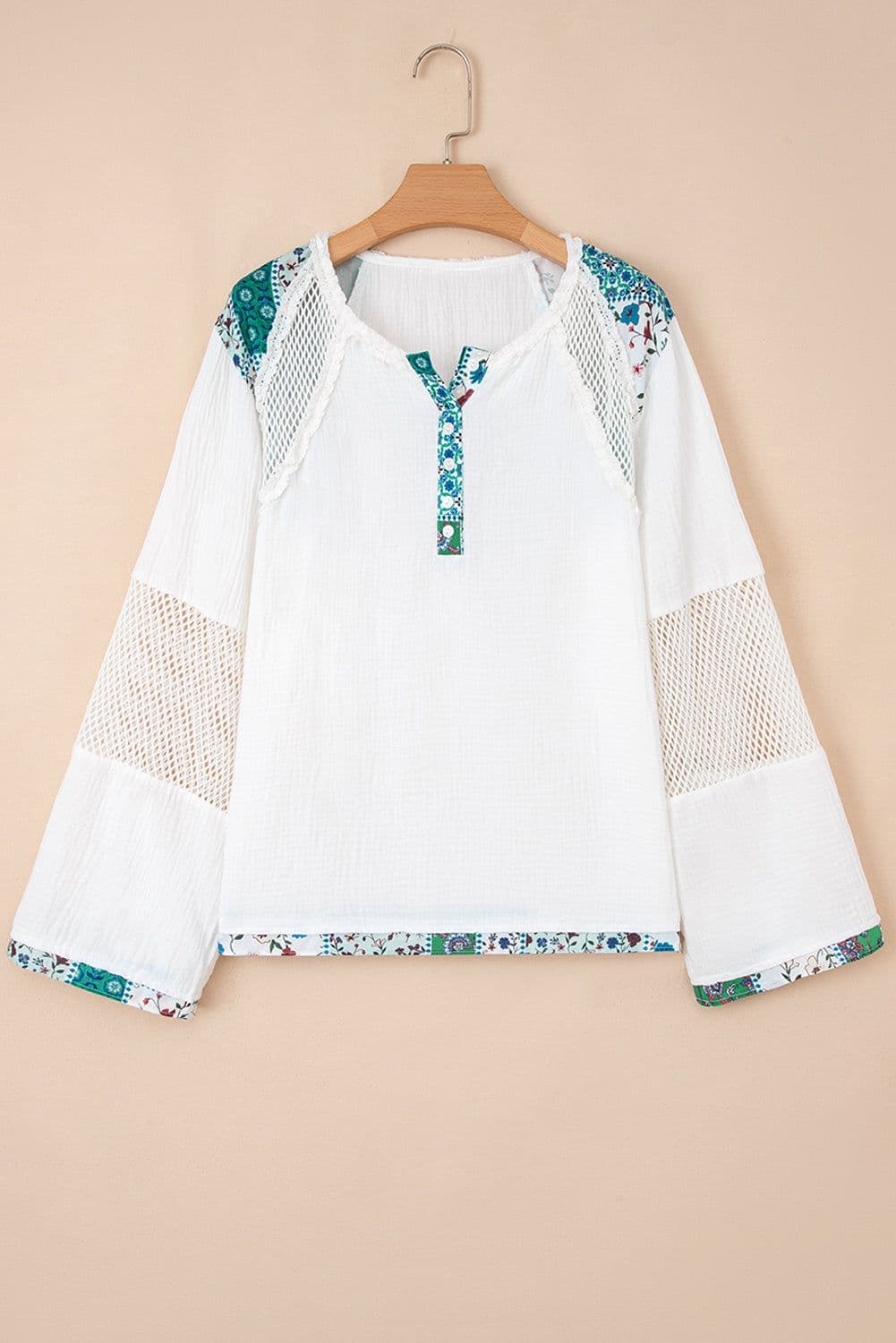 image-White Mesh Patched Color Block Half Button Blouse