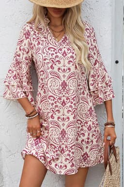 image-Pink Paisley Print Tiered 3/4 Sleeve Mini Dress
