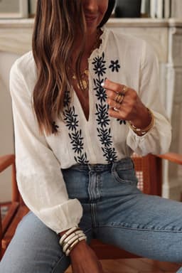 image-Floral Embroidered V Neck Puff Sleeve Blouse - White (50 characters)