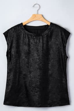 image-Black Metallic Round Neck Cap Sleeve Tee