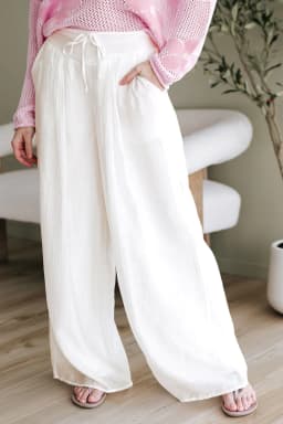 image-White Tie Waist Pleated Wide Leg Pants - Chic Casual Fit