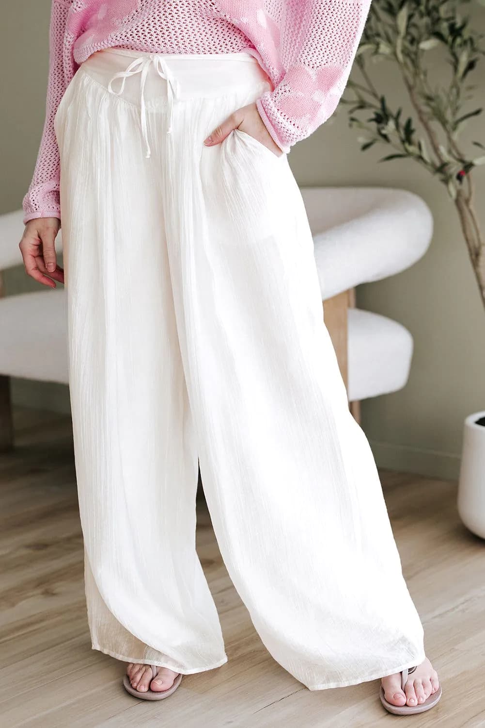image-White Tie Waist Pleated Wide Leg Pants - Chic Casual Fit