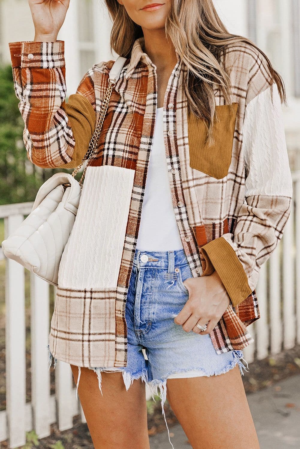 image-Plaid Color Block Patchwork Shirt Jacket - Orange, Sizes S-2XL