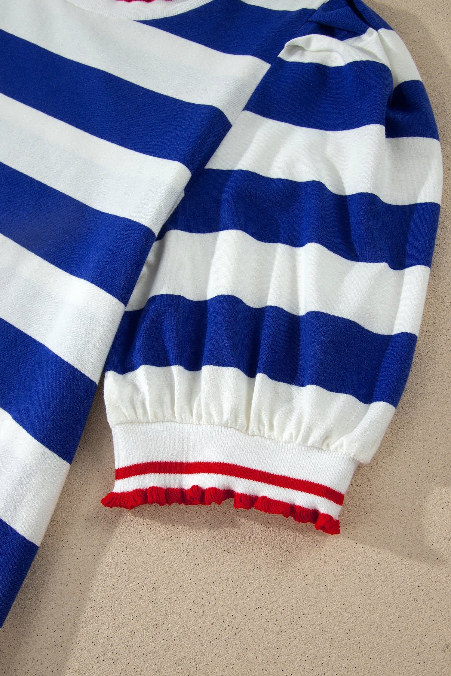 image-Blue Stripe Contrast Trim Mini Dress Puff Sleeve