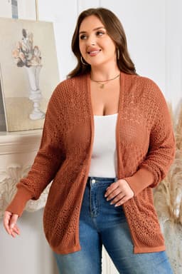 image-Redwood Plus Cardigan - Mixed Pattern Knitted - Open Front - Plus Size