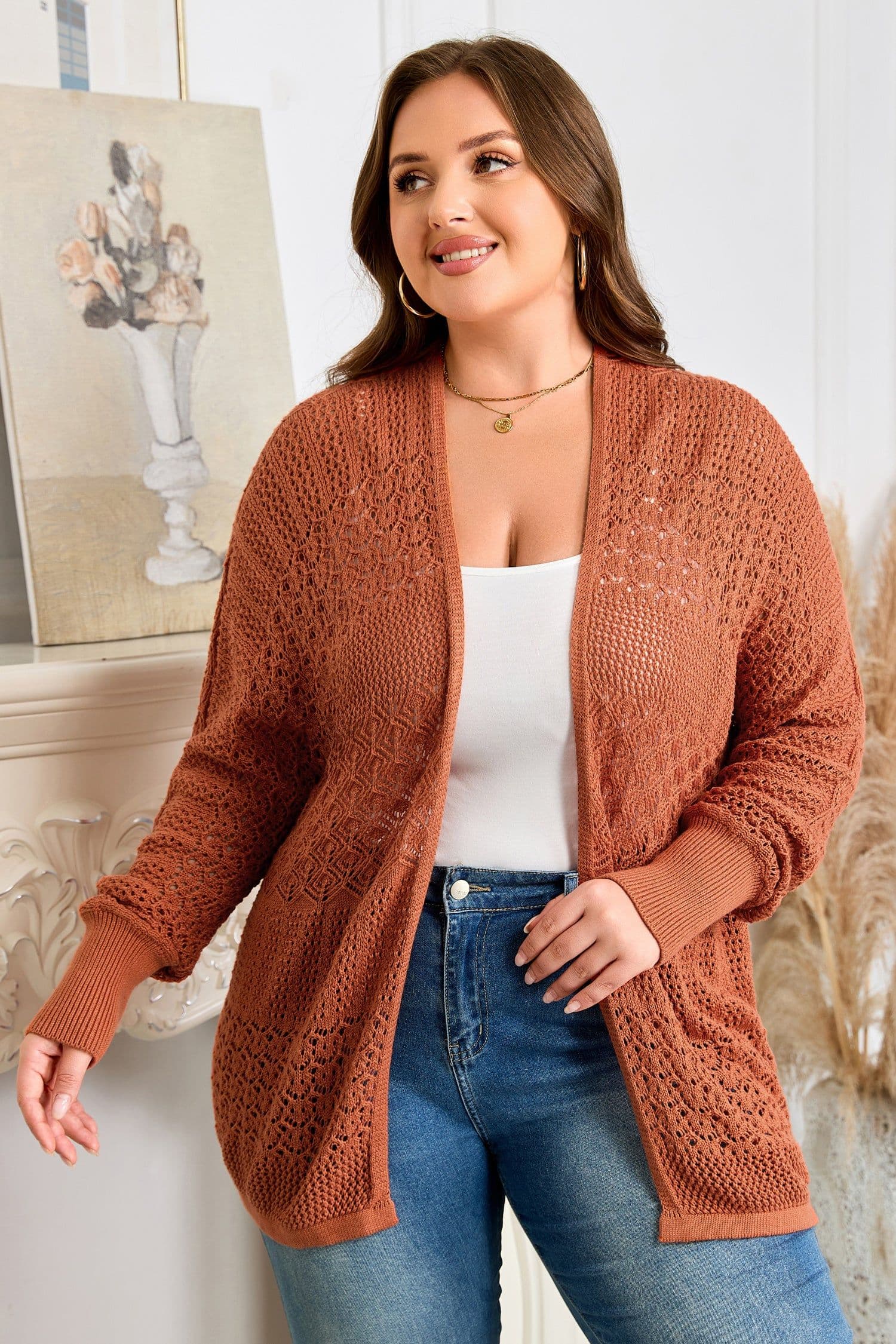 image-Redwood Plus Cardigan - Mixed Pattern Knitted - Open Front - Plus Size