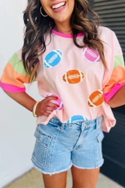 image-Rugby Chenille Embroidered Color Block T-Shirt - Pink
