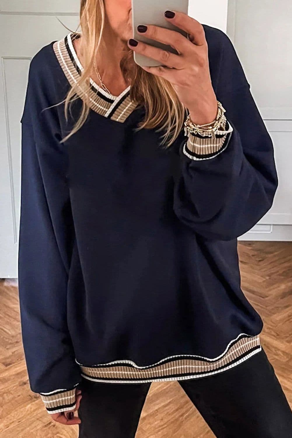 image-Gray Varsity Contrast Striped Trim V Neck Sweatshirt