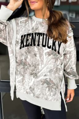 image-Gray KENTUCKY Raw Seam Detail Leafy Camouflage Baggy Sweatshirt