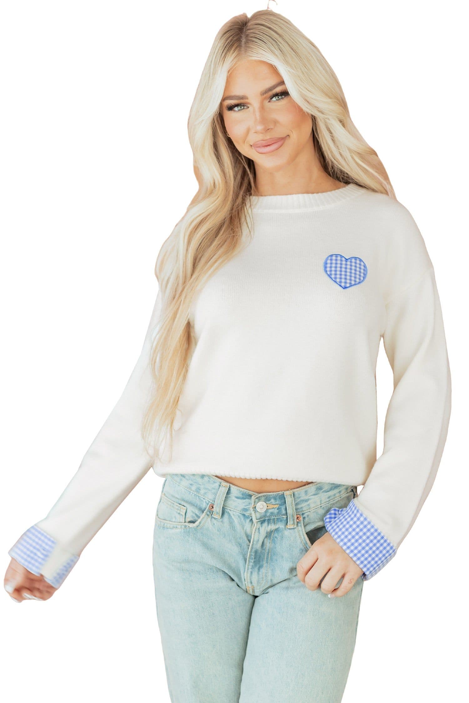 image-White Plaid Heart Embroidered Cuffed Drop Shoulder Crew Neck Sweater