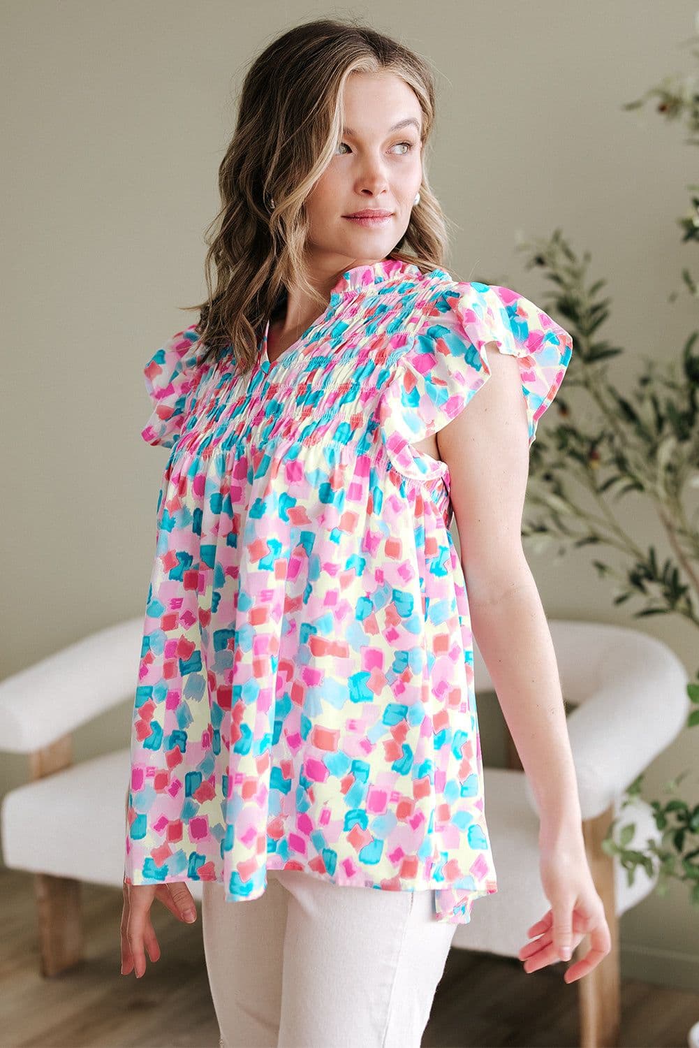 image-Sky Blue Abstract Printed Ruffled Blouse - Shirred Yoke Design