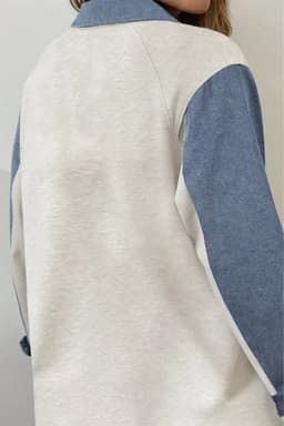 image-Light Grey Denim Patchwork Polo Top - Long Sleeve
